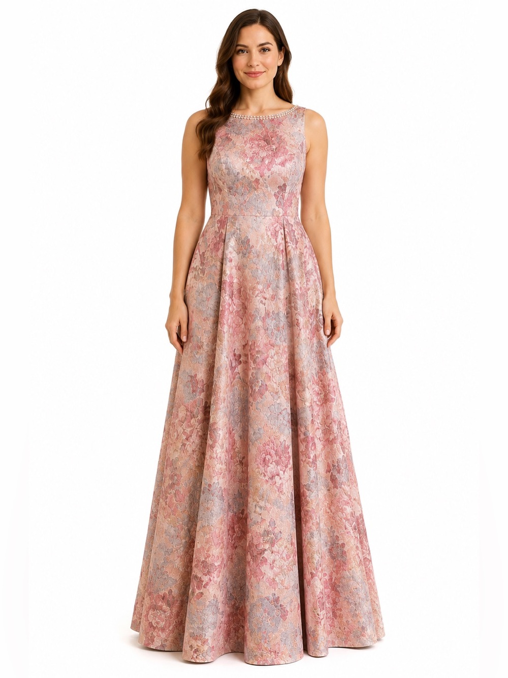 Adrianna Papell Metallic Floral Jacquard Gown M
